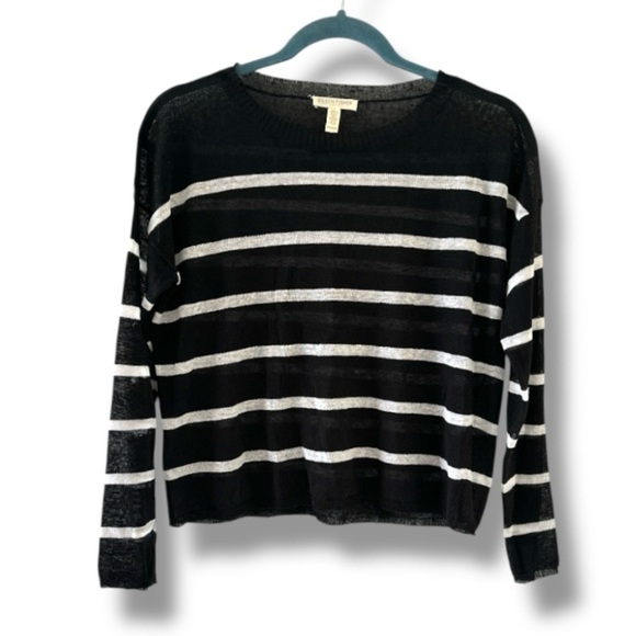 Eileen Fisher Petite Crepe Black White Striped Top Linen Blend Women’s Size PP - Picture 3 of 16